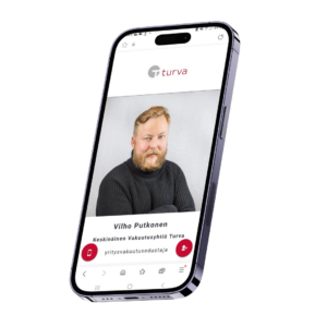 Kun asiakas on tallentanut parissa sekunnissa Vilhon digitaalisen käyntikortin:Asiakas löytää yhteystiedoista Vilhon nimellä, sekä sanoilla vakuutus tai turva.