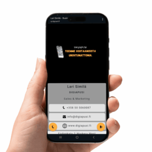Yrityksesi logo näkyy asiakkaalle, kun soitat. Yksinkertainen ja uskottava digitaalinen käyntikortti, joka tallentuu suoraan puhelimeen.