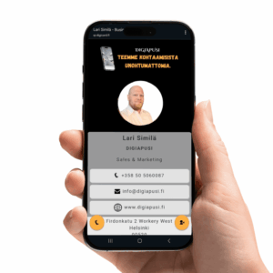 Yhdistä ammatillinen brändi ja oma persoona. Digitaalinen käyntikortti, jossa on sekä yrityksen logo että valokuvasi.