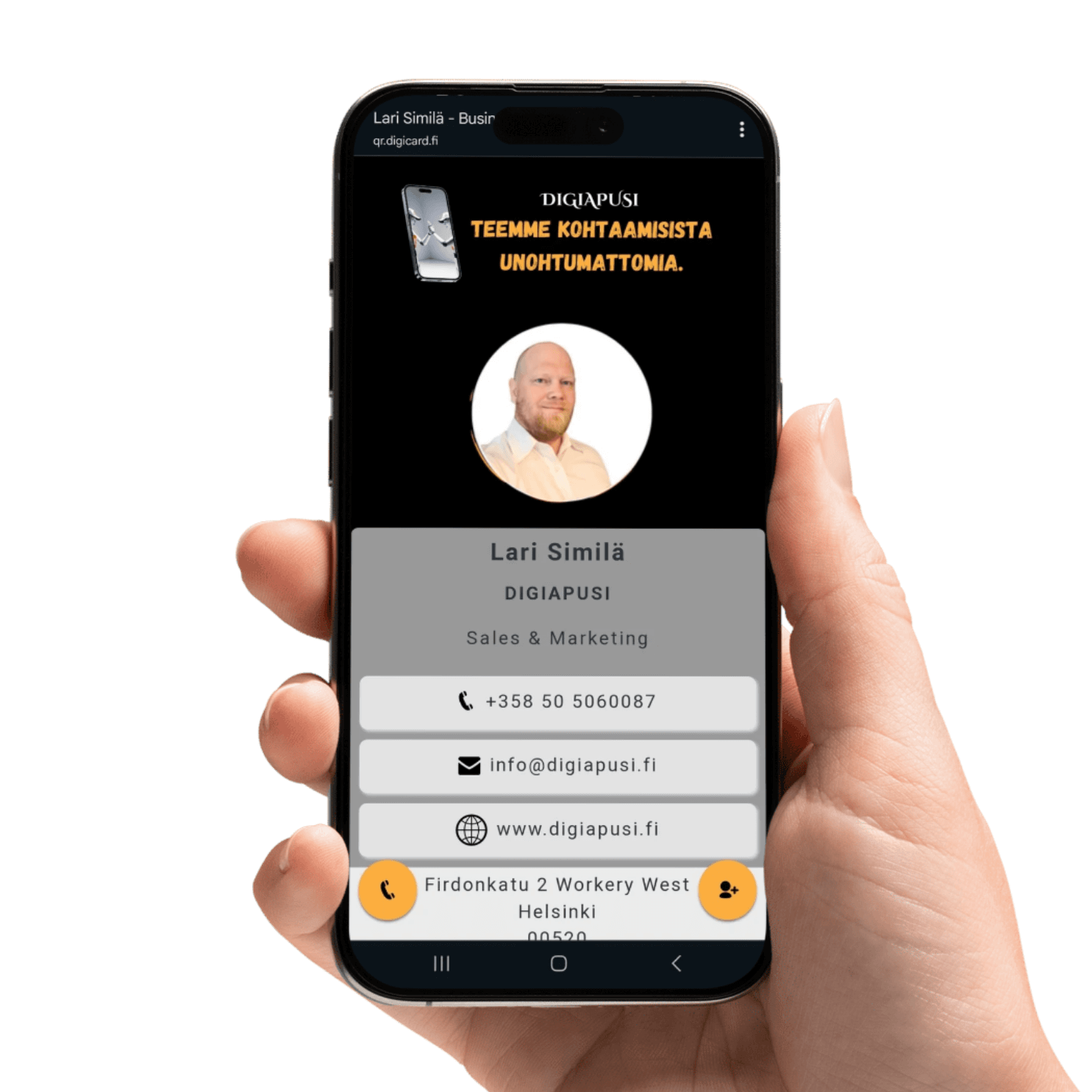Yhdistä ammatillinen brändi ja oma persoona. Digitaalinen käyntikortti, jossa on sekä yrityksen logo että valokuvasi.