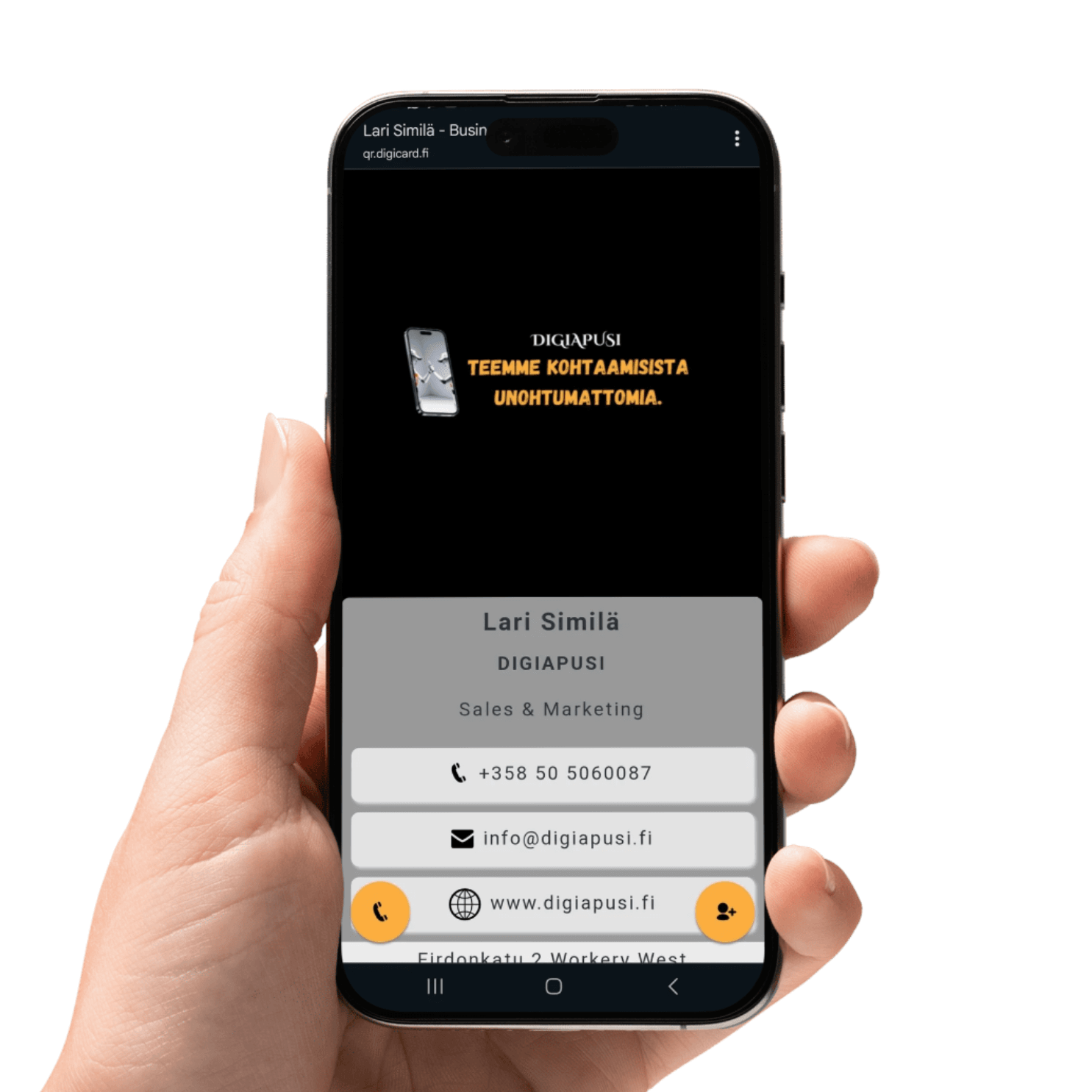 Yrityksesi logo näkyy asiakkaalle, kun soitat. Yksinkertainen ja uskottava digitaalinen käyntikortti, joka tallentuu suoraan puhelimeen.