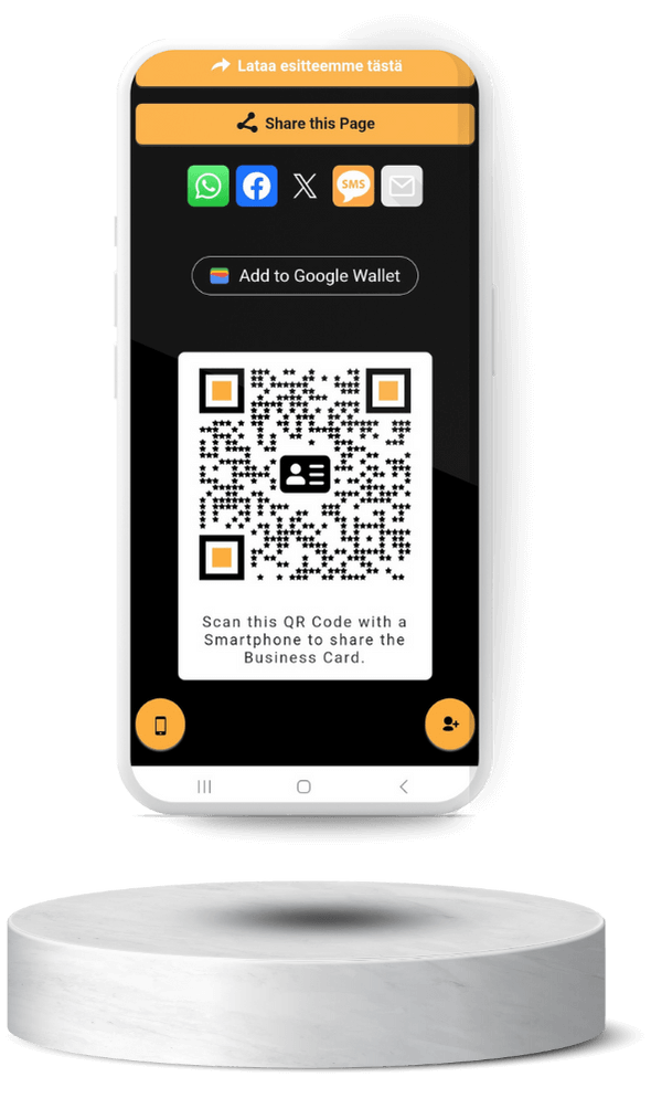 Toimii millä tahansa puhelimella. Toimii ilman sovellusten asentamista, Bluetooth- tai NFC-yhteyttä. Parissa sekunnissa yhteystietosi ovat tallennettuna oikein vastaanottajan puhelimessa.