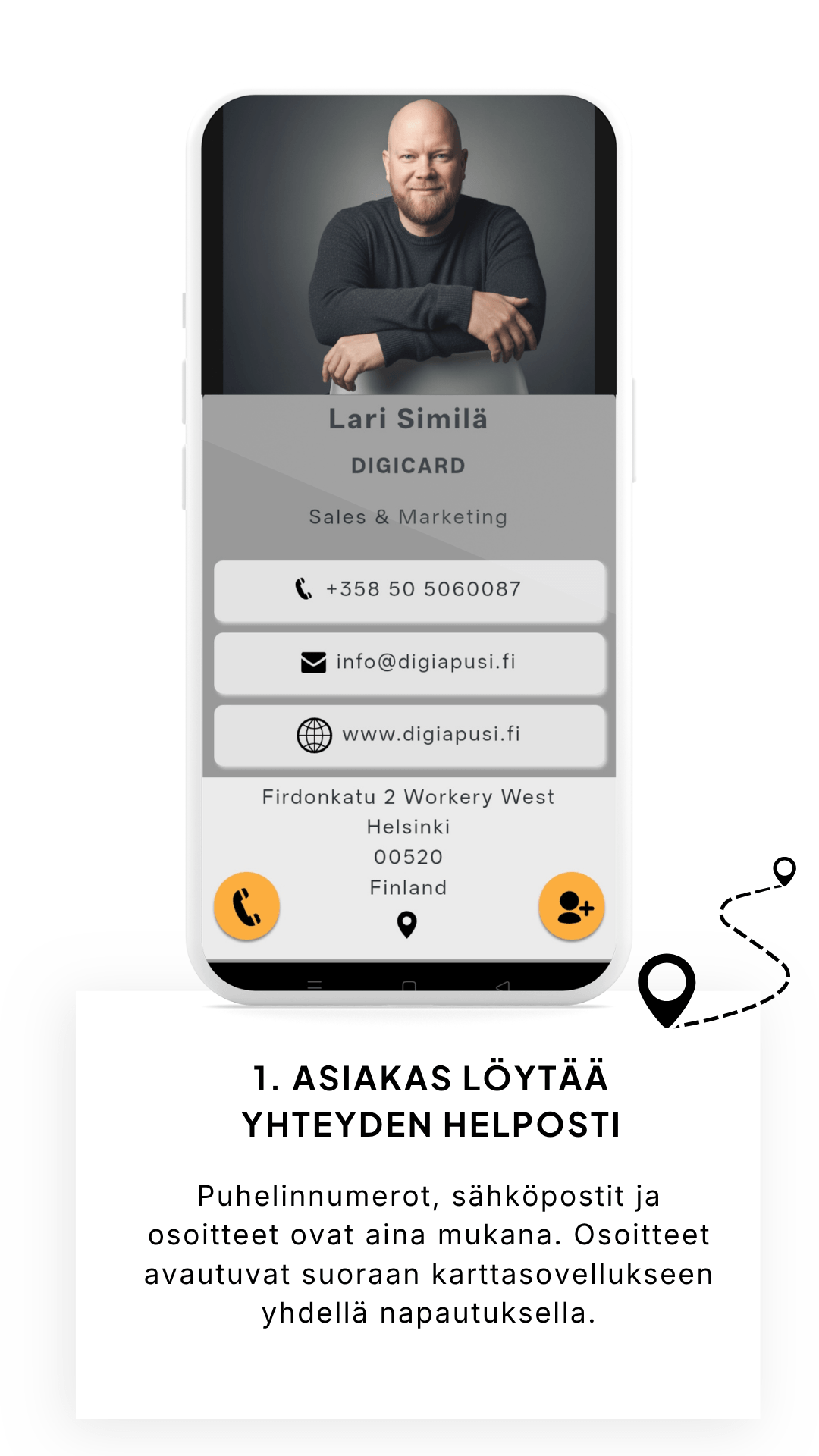 Asiakas löytää yhteyden helposti Puhelinnumerot, sähköpostit ja osoitteet ovat aina mukana. Osoitteet avautuvat suoraan karttasovellukseen yhdellä napautuksella.