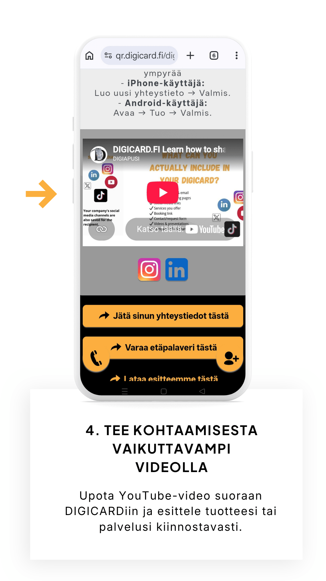 Tee kohtaamisesta vaikuttavampi videolla Upota YouTube-video suoraan DIGICARDiin ja esittele tuotteesi tai palvelusi kiinnostavasti.